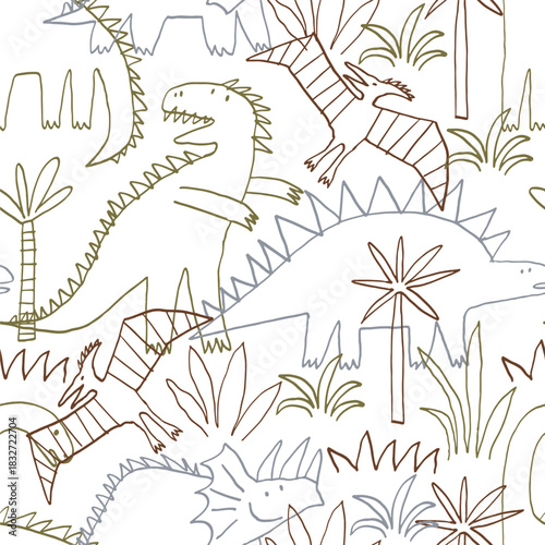 Cute cartoon hand drawn Dinosaurs. Sketch, doodle style. Vector seamless pattern for kids.