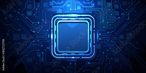Abstract blue circuit board design with central processor unit illustration