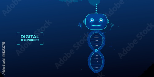 Modern digital technology background with robot and dna structure in blue