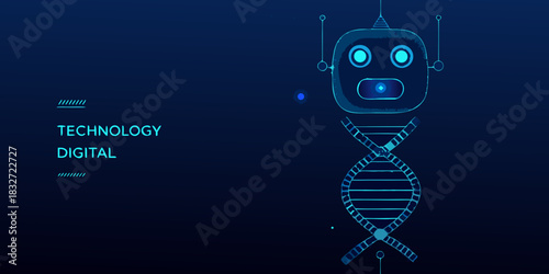 Futuristic technology background with robot and dna helix in blue
