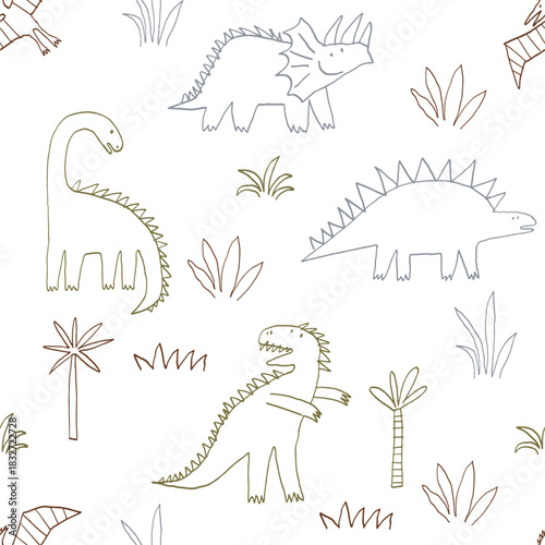 Cute cartoon hand drawn Dinosaurs. Sketch, doodle style. Vector seamless pattern for kids.