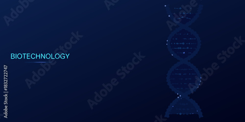 Abstract dna strand on dark blue background with biotechnology text