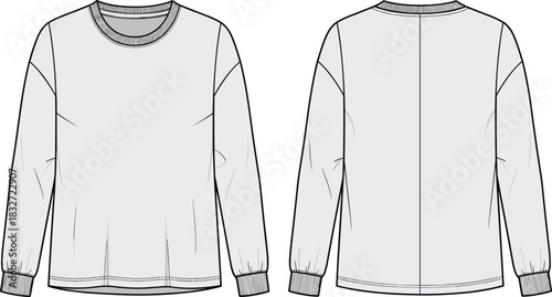 Minimalist Oversized Crewneck Sweatshirt Flat Sketch, Casual Apparel Design Vector Template, Fashion Technical Drawing, Long Sleeves Relaxed Fit Graphic.