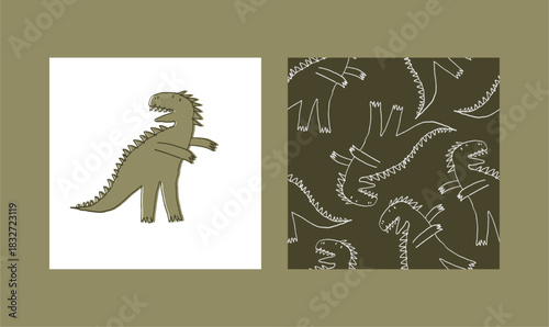 Cute cartoon hand drawn Dinosaurs. Sketch, doodle style. Vector seamless pattern for kids.
