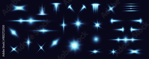 Blue star set shines with white light glow. Radiant beams of light extend outward elegantly.Sparkling dust, tiny stars, and light bursts float around. Vector illustration.