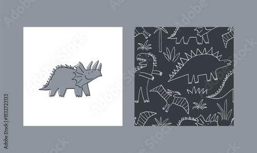 Cute cartoon hand drawn Dinosaurs. Sketch, doodle style. Vector seamless pattern for kids.