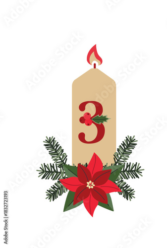 Advent Candle with Number 3, Flame and Christmas Florals Flat Vector Illustration for Holiday Countdown and Decoration