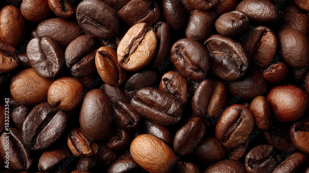 Naklejka premium Close-up top view of numerous coffee beans, showcasing rich brown tones and natural texture. The scene evokes freshness, coffee culture, brewing, aroma, and culinary appeal for coffee lovers.