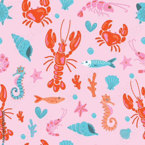 Seamless pattern with sea animals including octopus, lobster, dolphin, squid, shrimp, crab, fish, and seahorse. Hand drawn imperfect background.