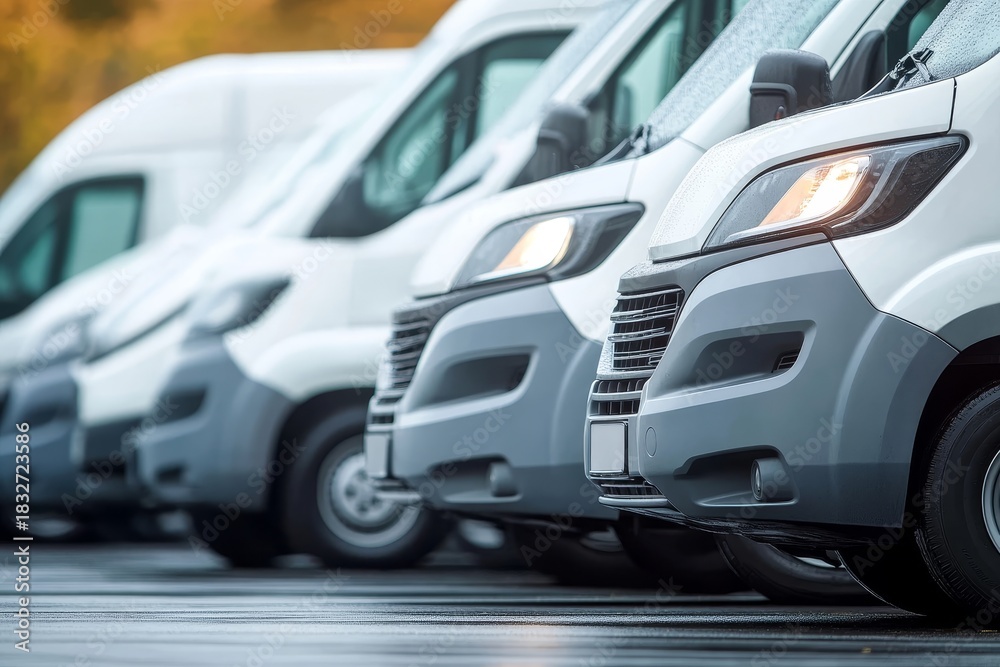 Obraz premium Fleet of Modern Commercial Vans Aligned in a Parking Lot, Showcasing Corporate Mobility Solutions