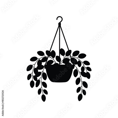  A hanging plant basket with cascading vines, silhouette vector design on a white background