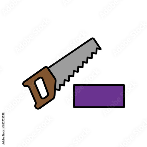 Hand Saw Cutting A Purple Wood Block On A Black Background With Simple Flat Design And Copy Space For Text