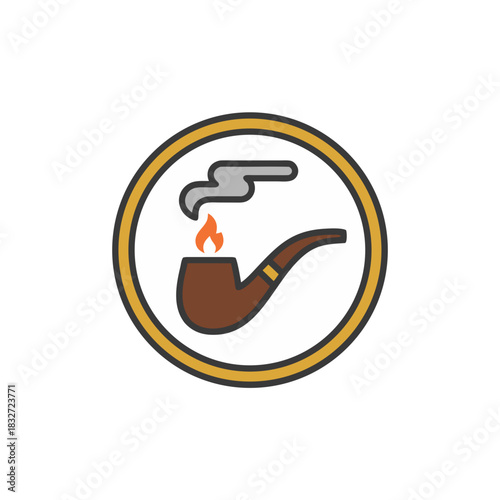 A simple illustration of a lit smoking pipe with smoke rising against a circular white and gold background