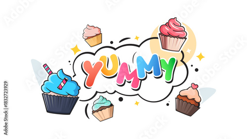 Vibrant "YUMMY" cartoon typography vector surrounded by four floating colorful cupcakes and star details. Perfect for bakery menus, sweet advertisements, food blogs, and children's party promotions