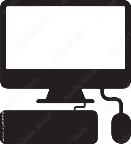 Desktop Computer Silhouette Icon with Keyboard and Wired Mouse Technology Symbol Vector Illustration