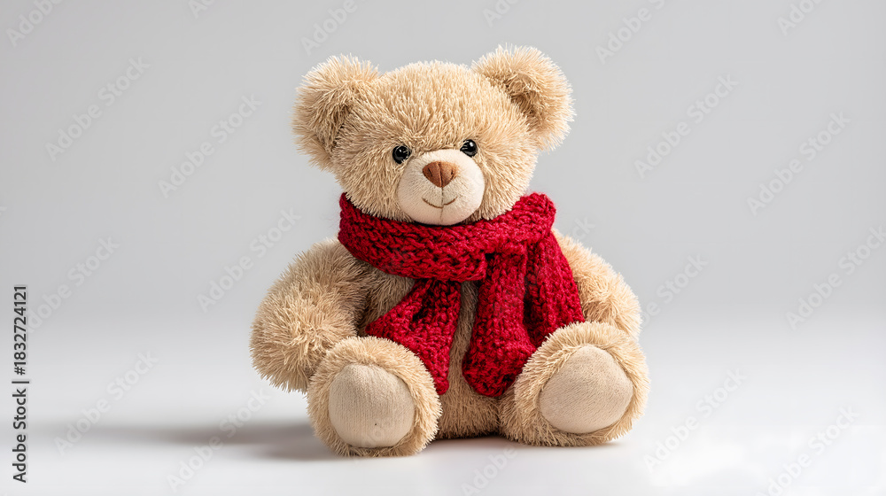 Obraz premium Light Beige Teddy Bear with Red Scarf Isolated on Warm White Background for Christmas