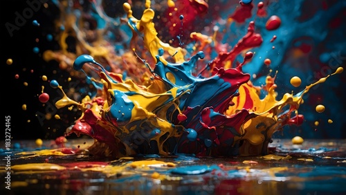 Vivid Colors Collide in an Artistic Splash During a Creative Painting Session in a Dimly Lit Studio Setting