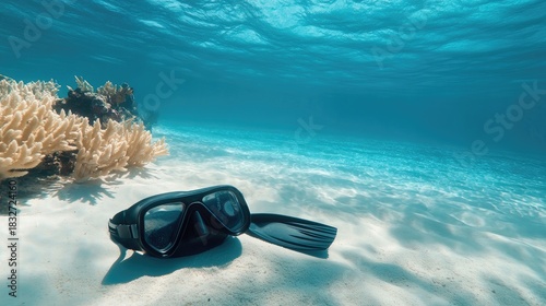 Fototapeta Naklejka Na Ścianę i Meble -  Underwater scene with snorkeling mask resting on sandy seabed near coral reef