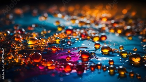 Colorful Droplets of Water on a Vibrant Surface Showcasing a Beautiful Abstract Design at a Close Range