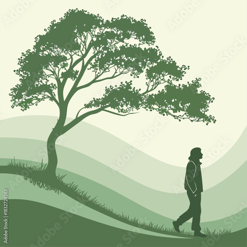 Solitary Stroll Under the Canopy: A solitary figure, silhouetted against a serene backdrop, embarks on a contemplative walk beneath the expansive branches of a verdant tree.