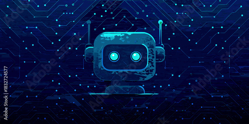 Cute cartoon robot on a dark blue circuit board background