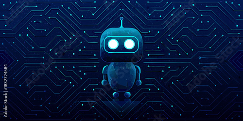 Cute robot on circuit board background artificial intelligence concept