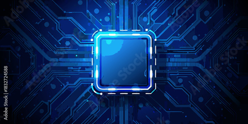 Abstract blue circuit board with central processor unit illustration