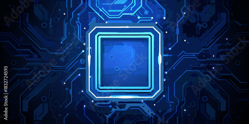 Abstract blue circuit board with central processor unit illustration