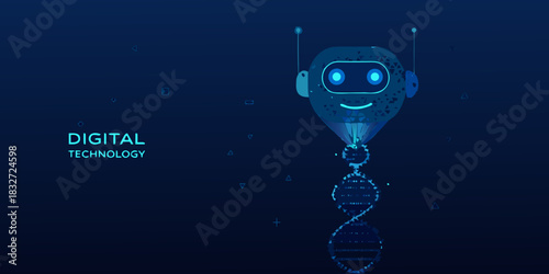 Futuristic robot with dna strand on dark blue background digital technology