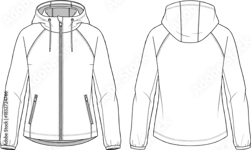 Technical flat sketch drawing of women's hooded active sportswear jacket, anorak style windbreaker, full zip, featuring raglan sleeves, side pockets, adjustable hem, and cuff details, 