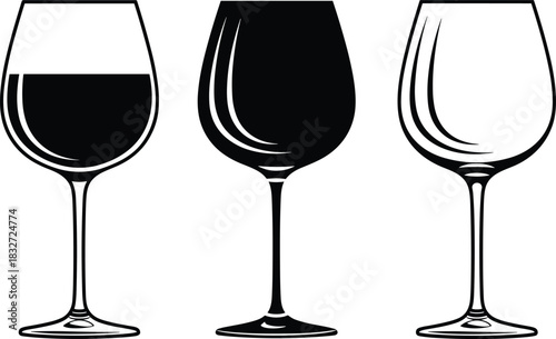 Stylized Black and White Illustration of Wine Glasses showcasing full empty and half filled vessels for bar menu restaurant drink celebration event banner design vector.