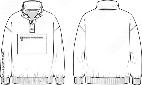 Unisex Technical Flat Sketch Quarter-Snap Fleece Pullover with Chest Pocket, Oversized Casual Mock-Neck Sweater CAD Template, Front and Back View Fashion Drawing.