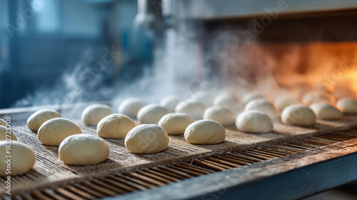 Baking process in a professional oven. Doughy bread rolls on a conveyor belt are entering a commercial oven. Steam rises as they prepare to bake to perfection