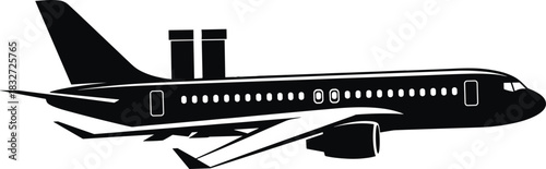 Black and White Monochrome Vector Illustration of a Commercial Passenger Jet Airplane with Chimneys on Top, Unusual Conceptual Design Representing Travel, Holidays, and Festive Delivery