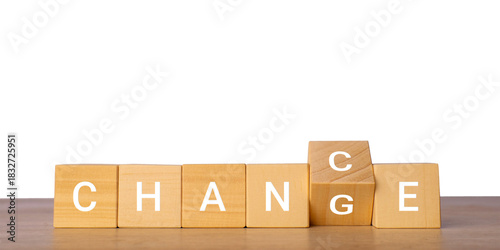 Wooden blocks with change word and shifting letter C, isolated on transparent background