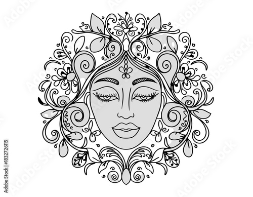 Minimalist Illustration of a Woman's Face Surrounded by Floral Elements in Monochromatic Tones and Abstract Swirls on a Dark Background
