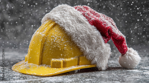 Festive safety! A yellow construction hard hat is adorned with a Santa hat, dusted with snow against a gray background, offering a unique seasonal twist and holiday cheer.