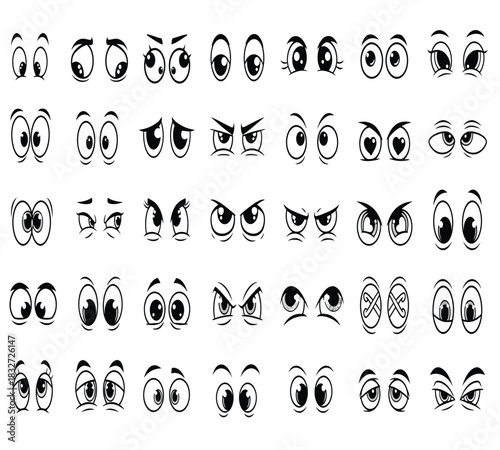 Collection of cartoon eye expressions in black and white line art style, showing various emotions and gazes, isolated on white background