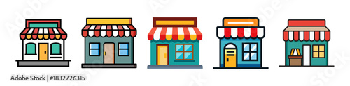 Collection of colorful cartoon storefronts with awnings and shops in a row
