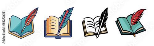Open book with quill pen icon set: education, writing, literature concept