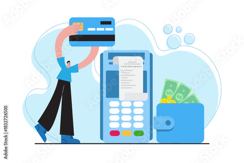 Flat illustration of card payment using POS terminal with digital receipt and wallet icons. Suitable for fintech, retail checkout, secure payment, credit card use, and digital financial operations.