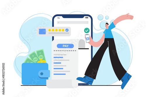 Illustration of a person paying bills using a mobile banking app with digital receipts, money wallet, and confirmation icons, representing secure online financial transactions and e-payment solutions.