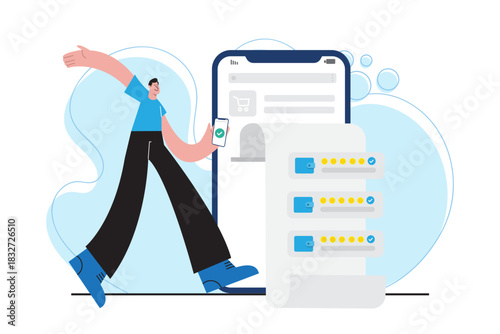 Illustration of a person using a smartphone to view multiple digital wallet options for online shopping payments, representing secure transactions, e-commerce, and mobile financial technology.