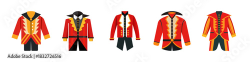 Set of five vibrant red and gold ceremonial jackets or uniform designs.