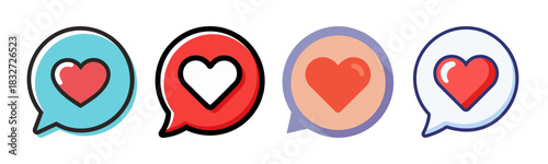 Four distinct heart speech bubbles symbolizing social media love and likes