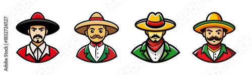 Mexican mariachi character illustrations, traditional sombrero men