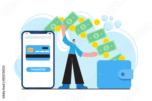 Modern illustration of a person sending money through a mobile banking app with flying cash and coins toward a digital wallet, symbolizing online transfers and financial technology services.