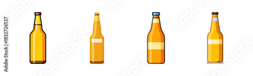 Set of four cartoon beer bottles with yellow liquid and different caps