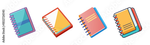 Collection of four colorful spiral notebooks for school and office use
