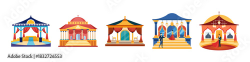 Ornate ceremonial wedding mandap stage pavilion vector set illustration